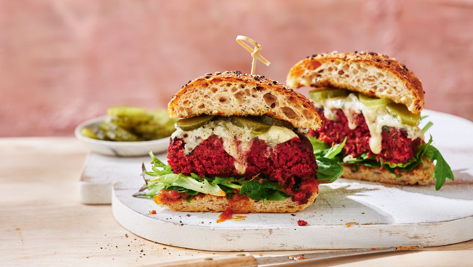 Beetroot, fennel and blue cheese burgers