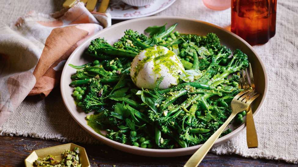 Chargrilled baby broccoli and pea salad with burrata