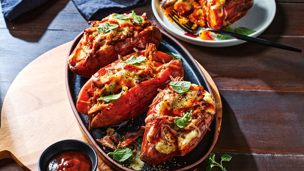 French onion brisket stuffed sweet potatoes