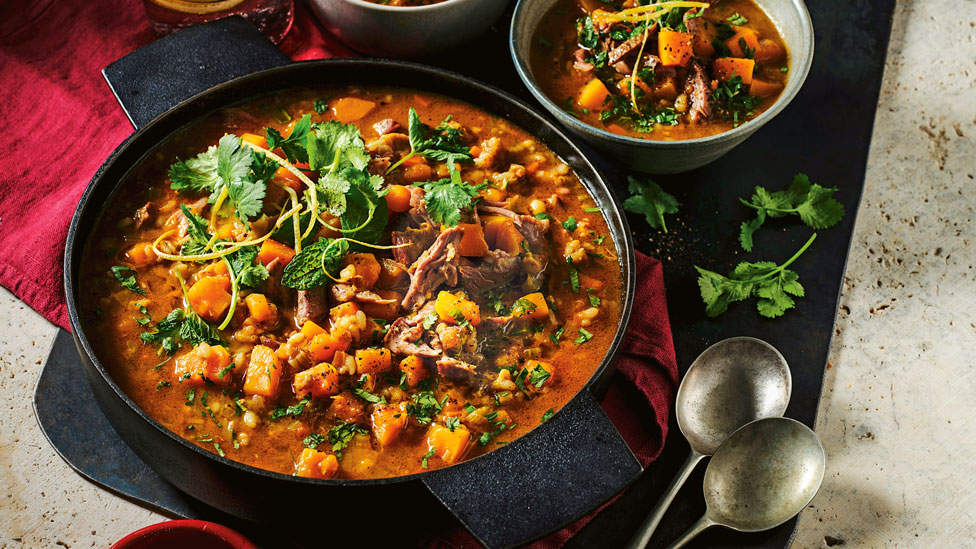 Lamb shank, barley and pumpkin soup