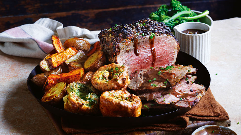 Peppered roast beef with chive Yorkshire puddings