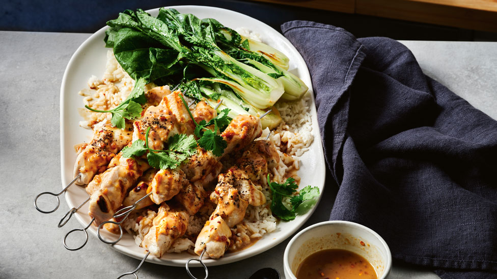 Satay chicken skewers with coconut rice