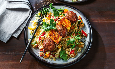 Beef and haloumi skewers with risoni salad