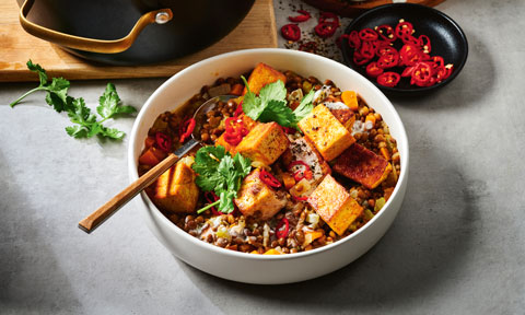 Harissa tofu with warm lentils