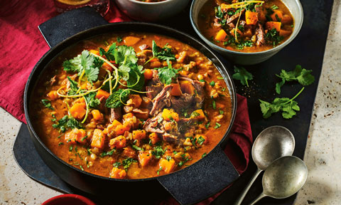 Lamb shank, barley and pumpkin soup