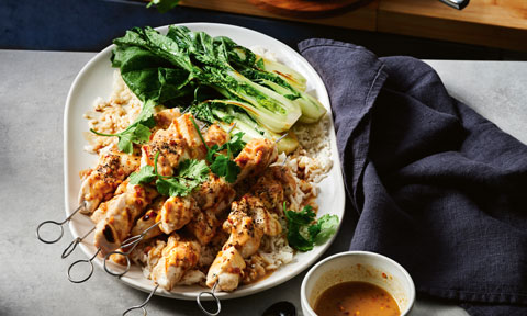 Satay chicken skewers with coconut rice