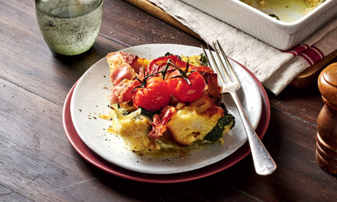 Strata with silverbeet, prosciutto and tomatoes