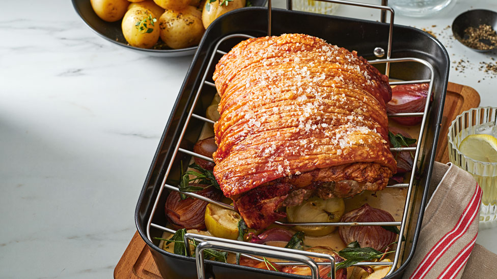 Courtney Roulston’s crispy roast pork with apple, onion and mustard gravy 