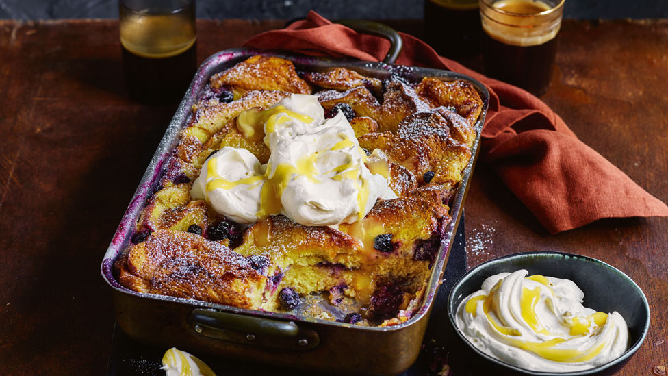 Lemon curd and blackberry brioche pudding