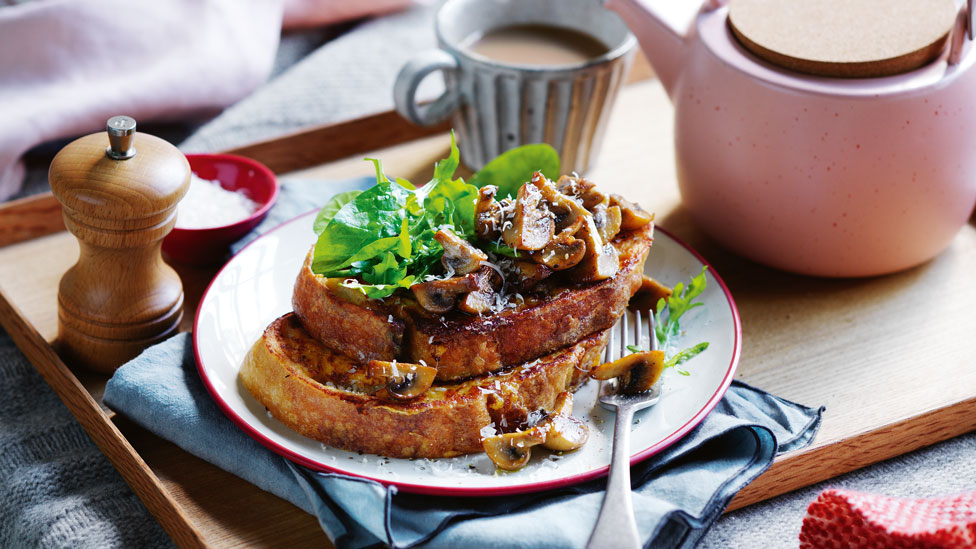 Parmesan French toast with garlic-butter mushrooms