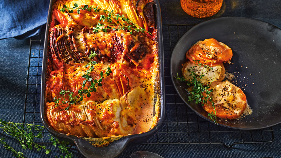 Rainbow root vegetable gratin