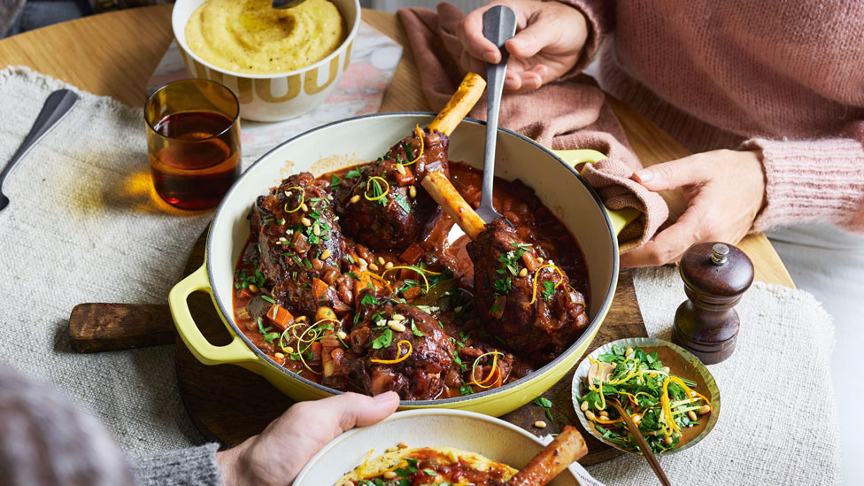 Slow-cooked red wine lamb shanks