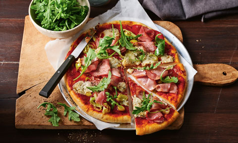 Ham, leek and blue cheese pizzas