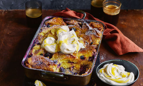 Lemon curd and blackberry brioche pudding