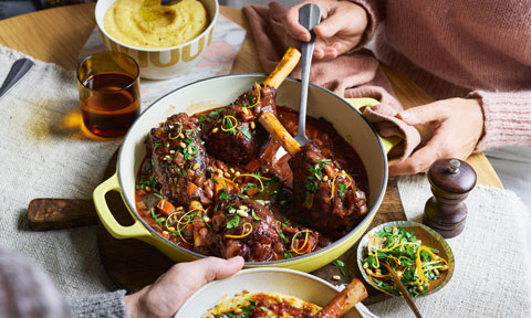 Slow-cooked red wine lamb shanks