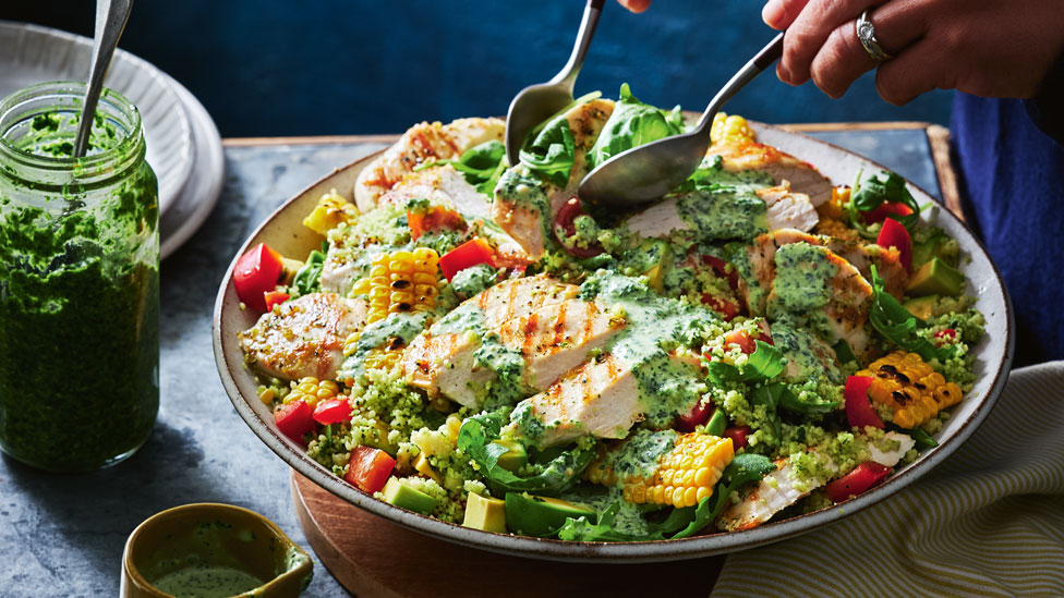 Pesto couscous with chargrilled chicken