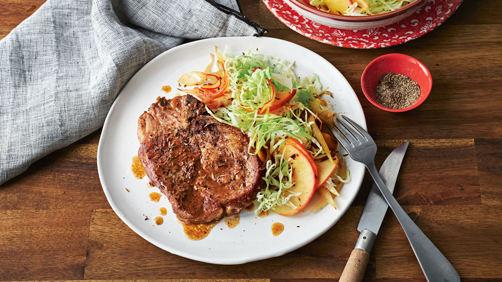 Pork cutlets with warm apple & cabbage slaw