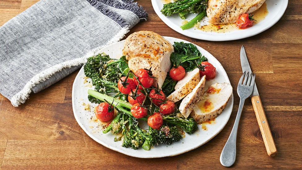 Quick roast chicken with parmesan baby broccoli