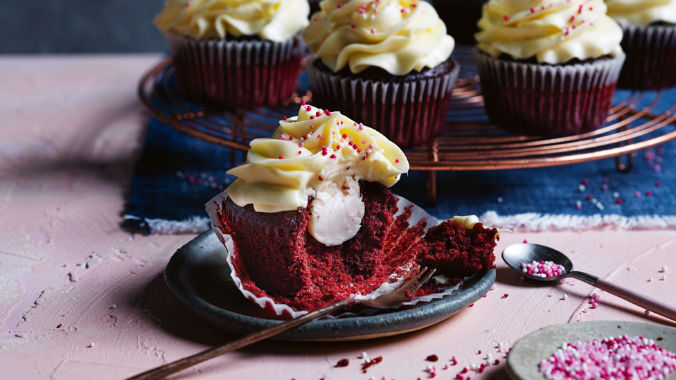 Red velvet cupcakes with chocolate centres