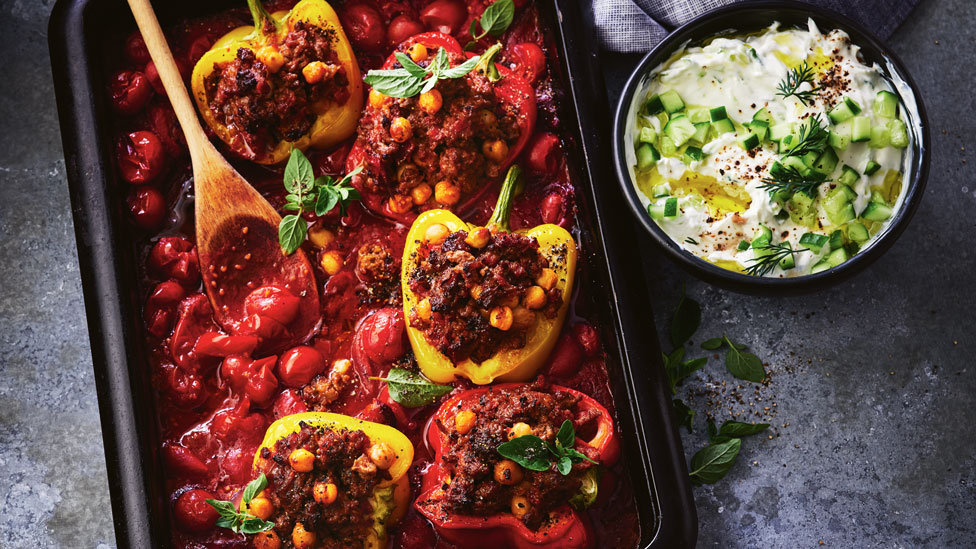Spiced lamb and chickpea stuffed capsicums
