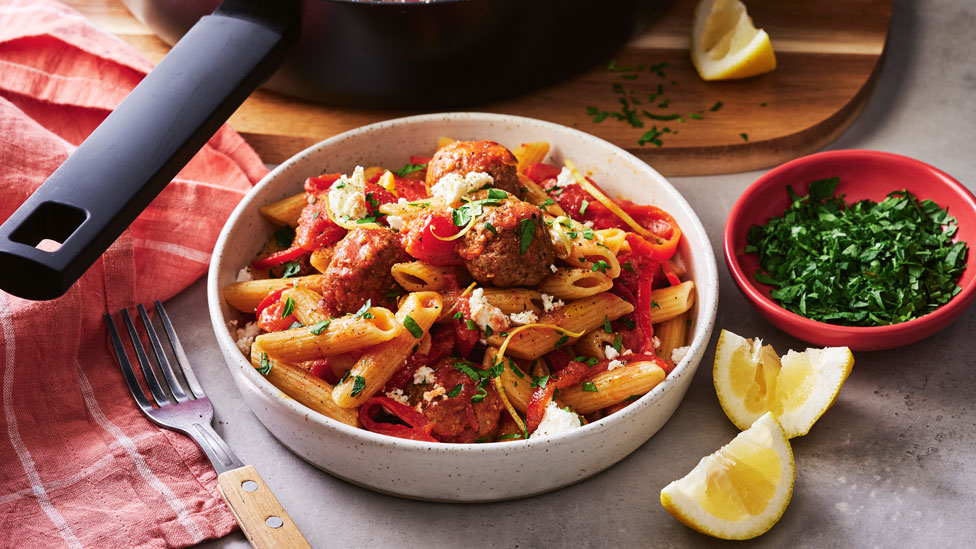 Spiced lamb meatballs with penne