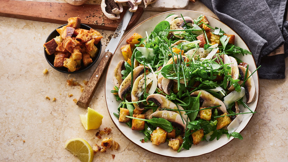 Stephanie Alexander's Mushroom, crouton and rocket salad