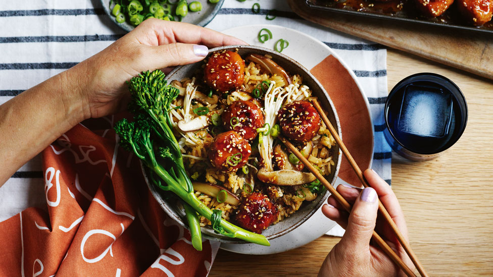 Sticky soy meatballs with mushroom fried rice