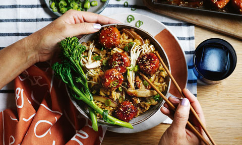 Sticky soy meatballs with mushroom fried rice