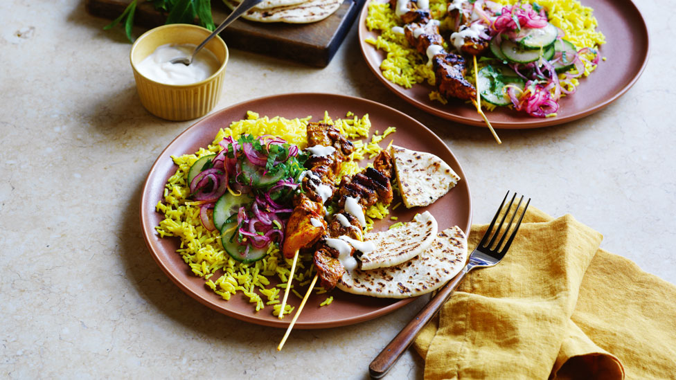 Chicken masala skewers with turmeric rice