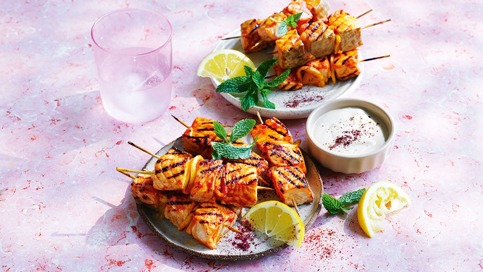 Harissa salmon on skewers