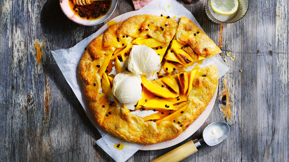 Mango tart with caramelised passionfruit honey