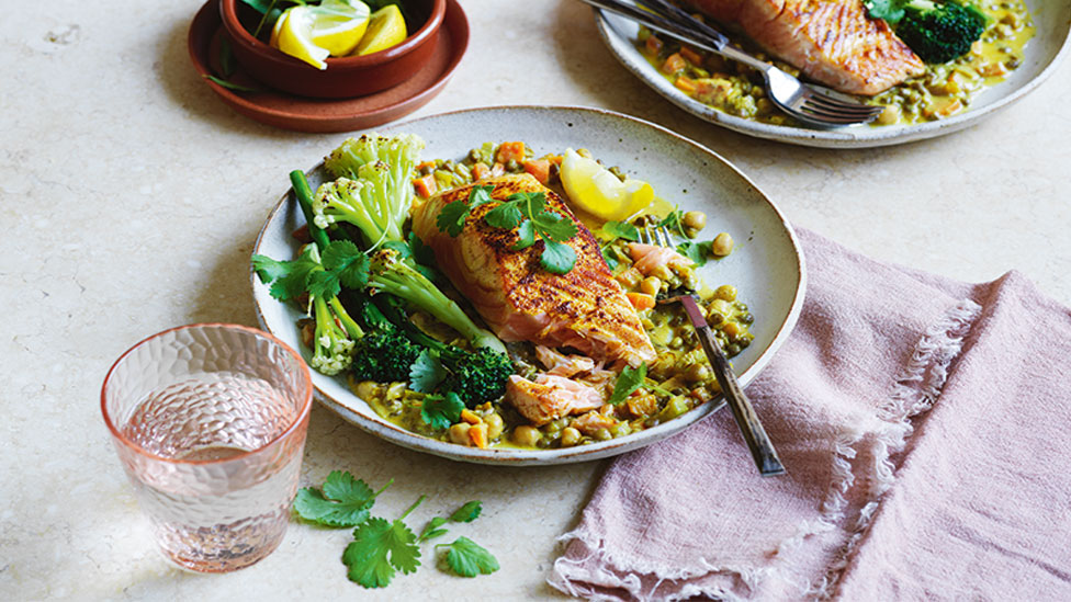 Spiced salmon with quick dhal