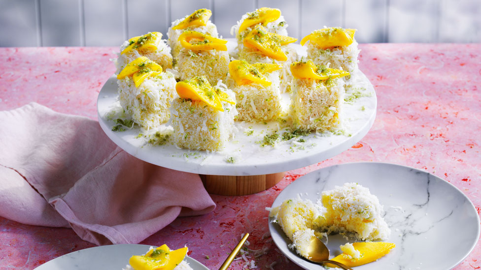 White chocolate lamingtons on a plate