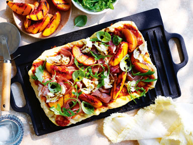 Peach, prosciutto and mozzarella pizza