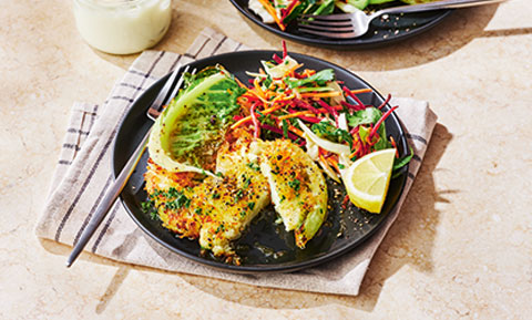 Vegan cauliflower schnitzels with slaw