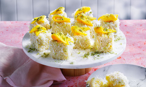 White chocolate lamingtons with mango and mint