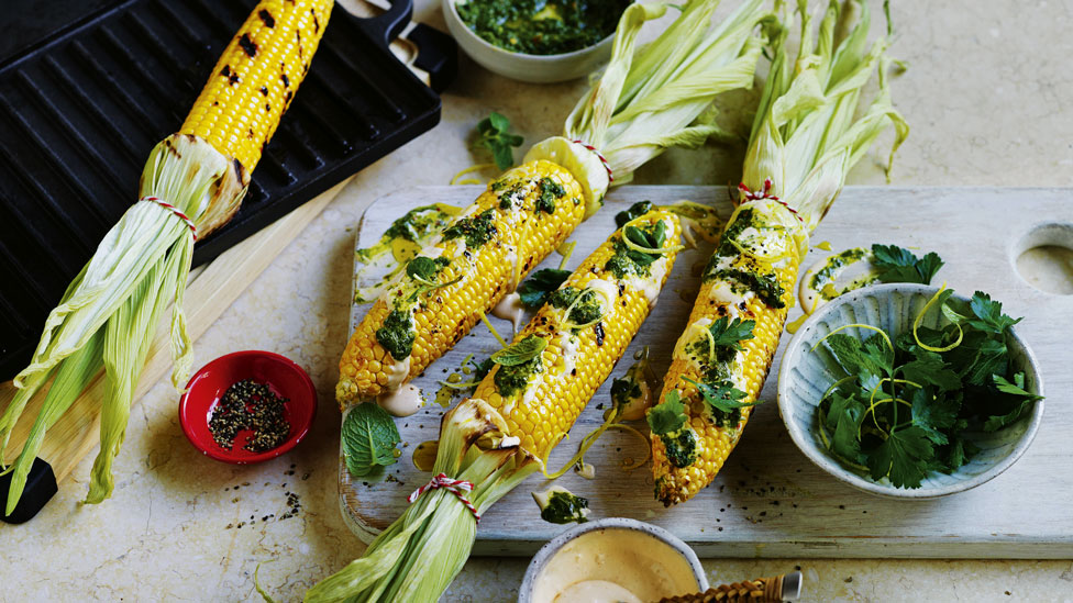 BBQ corn with chimichurri and peri peri cream