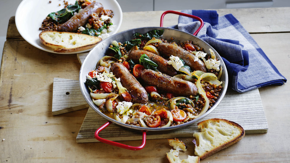 One-pan beef sausages and lentils