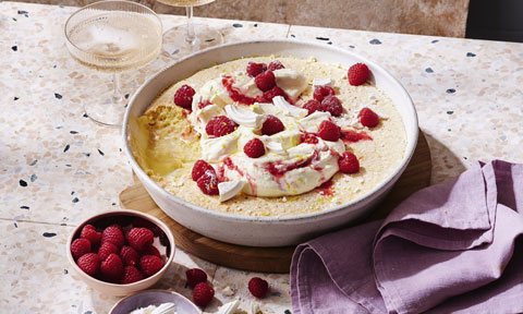 Chilled citrus pudding with raspberry cream 