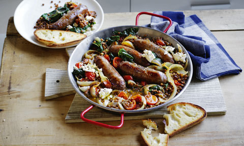 One-pan beef sausages and lentils