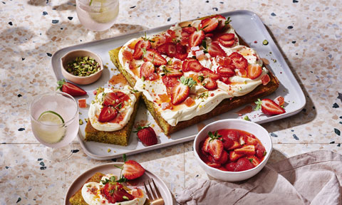 Pistachio-strawberry sheet cake with labne frosting  