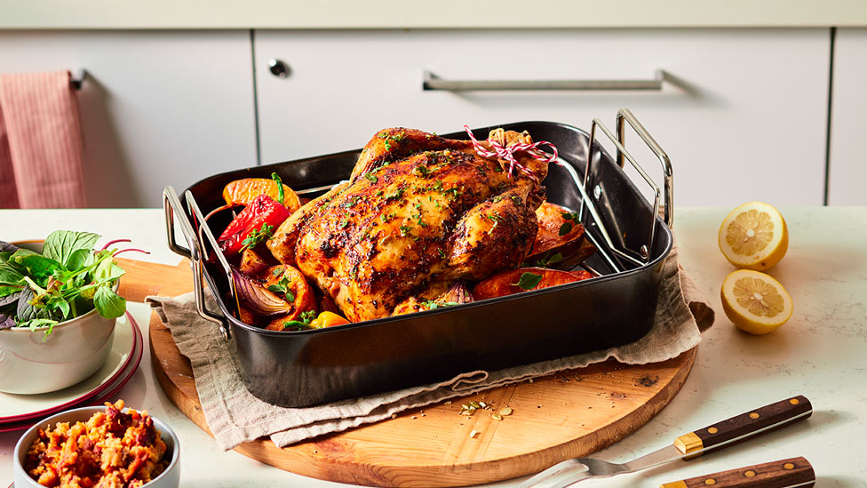Roast chicken with chorizo and date stuffing