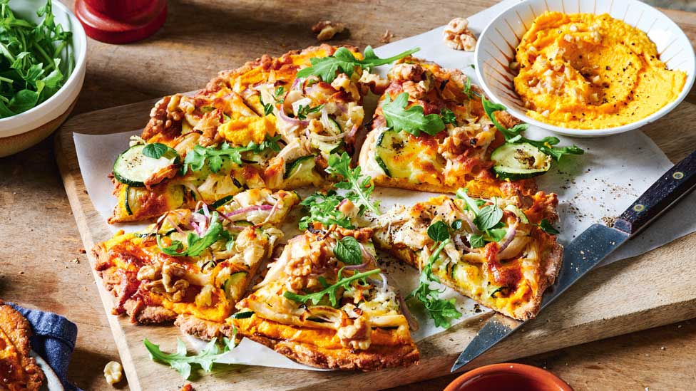 Healthy chicken and smashed carrot pizza
