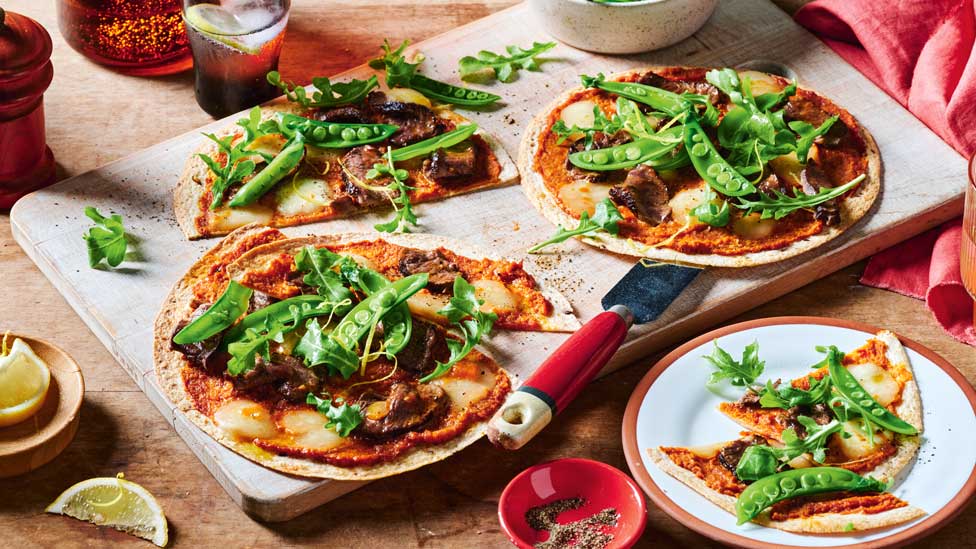 Healthy roasted capsicum, hummus and beef pizza