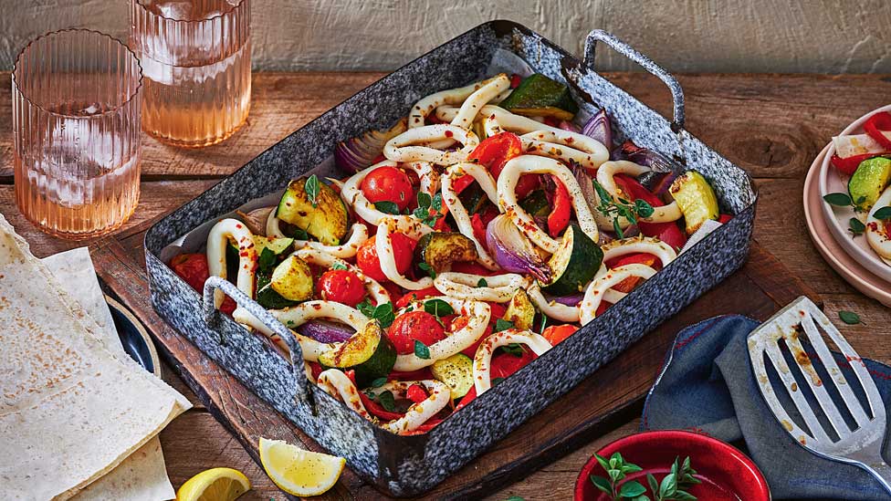 Healthy Mediterranean calamari tray bake