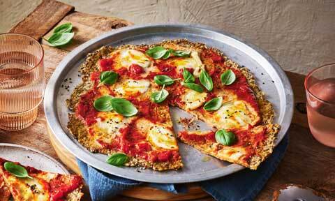 Healthy eggplant pizza base with margherita topping