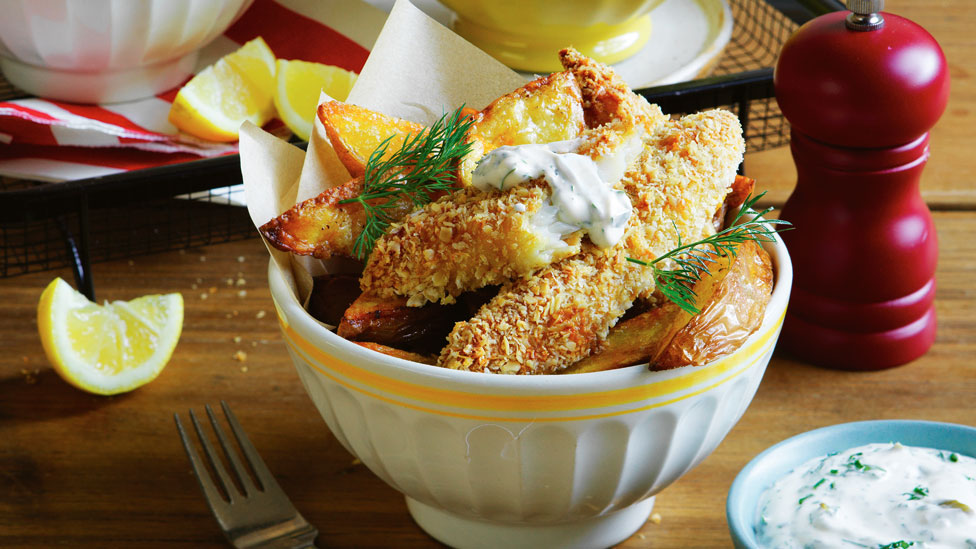 Healthier fish and chips with yoghurt tartare