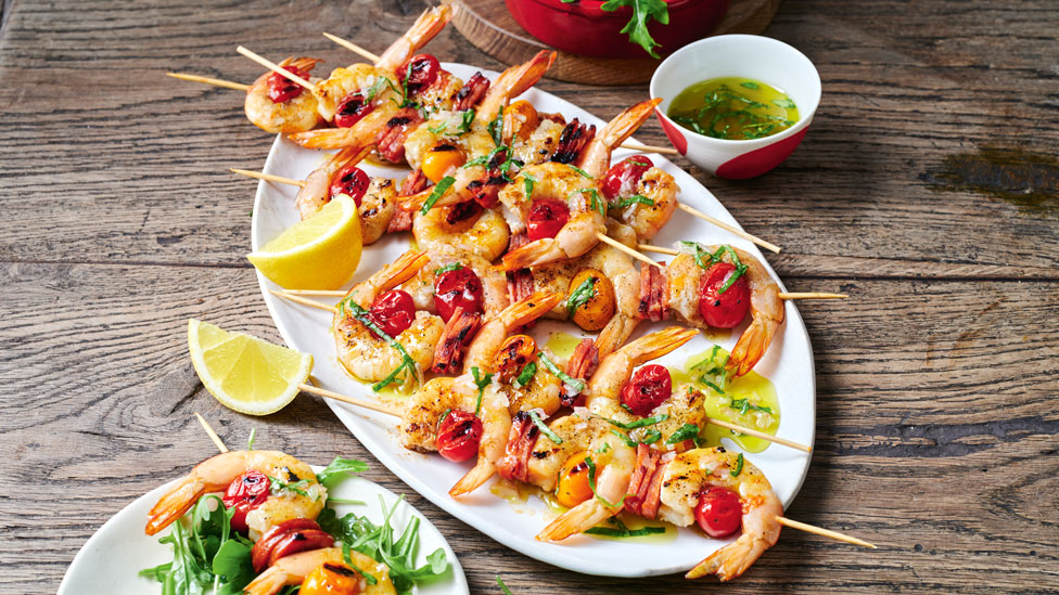 Prawn, tomato and chorizo skewers