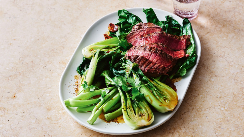 Steak with garlicky Asian greens