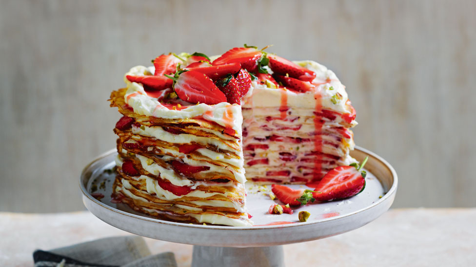 Strawberry and pistachio crepe layer cake